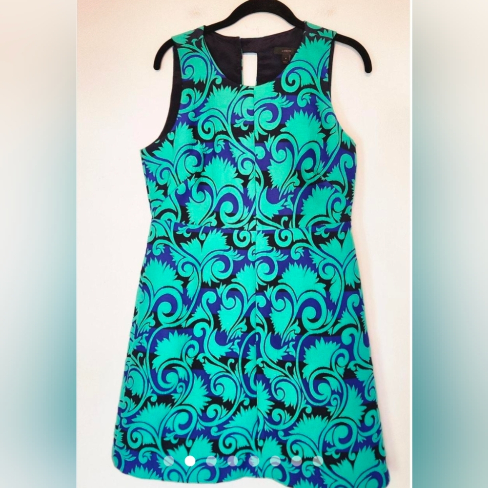 J. Crew A Line Teal Green Vineyard Jacquard Fit & Flare Ponte Dress Size M